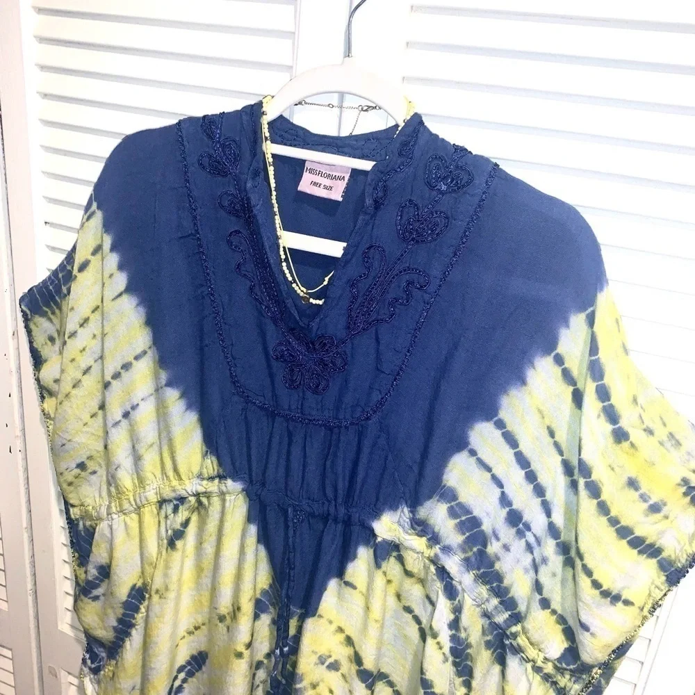 Blue and butter yellow tie-dye Kafton beach, cover-up, women’s one size